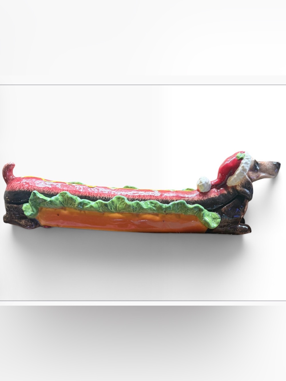 Novelty Trading
Dachshund Hotdog Relish Candy Serving Dish RARE
17"X5"